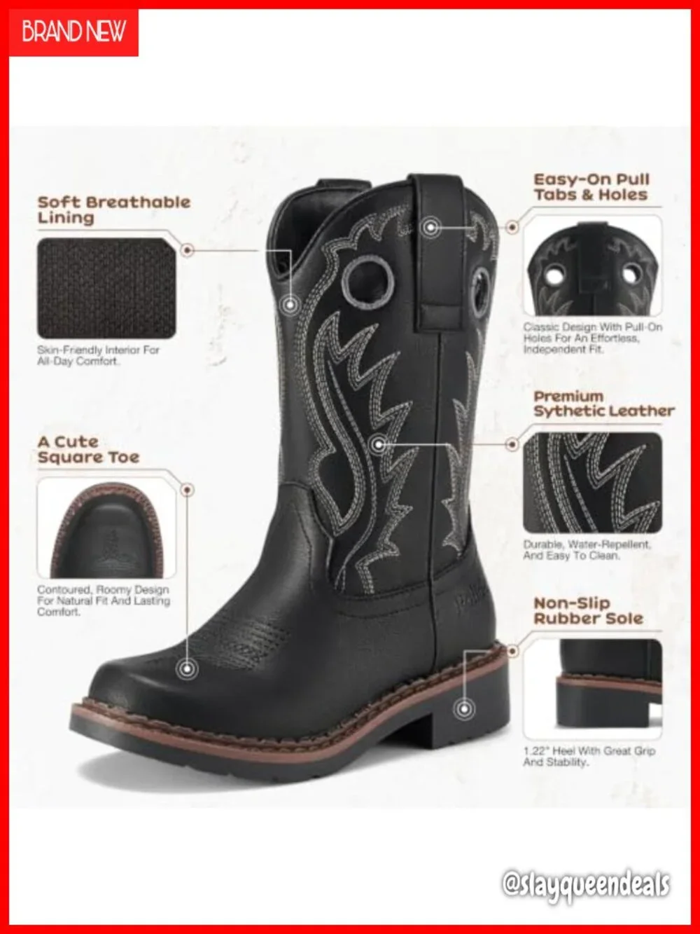 Kids Western Cowboy Boots with Synthetic Leather & Pull Tabs